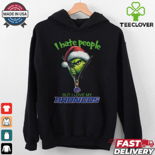 Grinch Santa Hat I Hate People But I Love My Boise State Broncos Christmas Logo Shirt