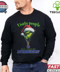 Grinch Santa Hat I Hate People But I Love My Boise State Broncos Christmas Logo Shirt