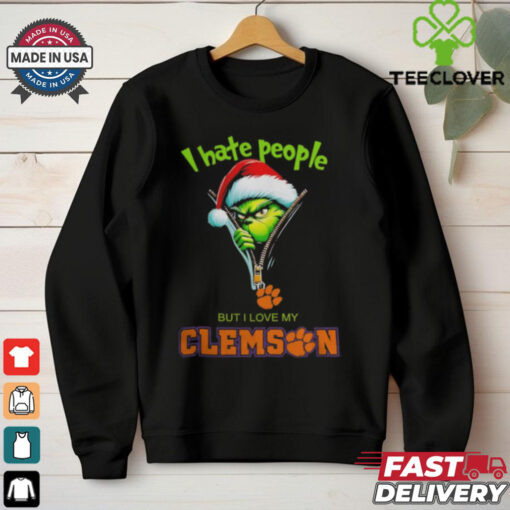 Grinch Santa Hat I Hate People But I Love My Clemson Tigers Christmas Logo Shirt