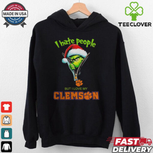 Grinch Santa Hat I Hate People But I Love My Clemson Tigers Christmas Logo Shirt