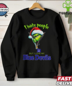 Grinch Santa Hat I Hate People But I Love My Duke Blue Devils Christmas Logo Shirt