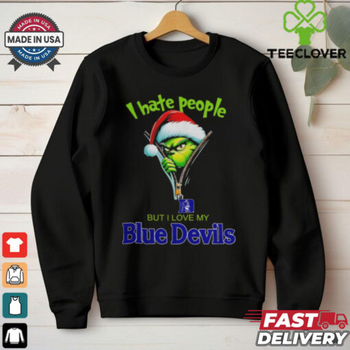 Grinch Santa Hat I Hate People But I Love My Duke Blue Devils Christmas Logo Shirt