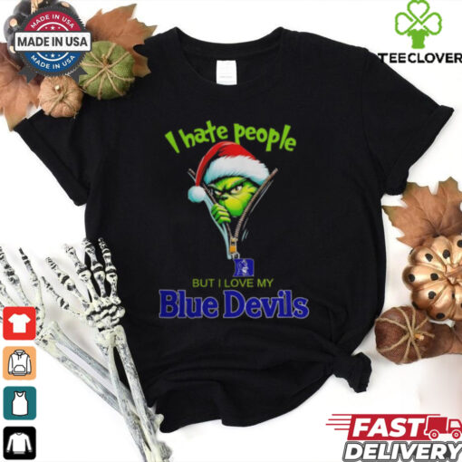 Grinch Santa Hat I Hate People But I Love My Duke Blue Devils Christmas Logo Shirt