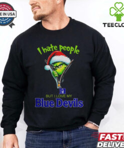 Grinch Santa Hat I Hate People But I Love My Duke Blue Devils Christmas Logo Shirt