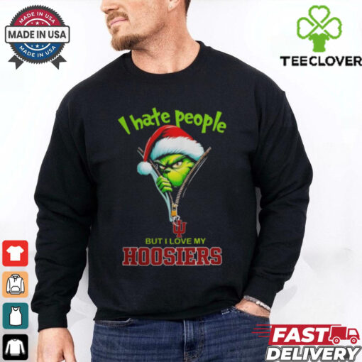 Grinch Santa Hat I Hate People But I Love My Indiana Hoosiers Christmas Logo Shirt