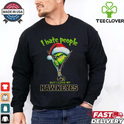 Grinch Santa Hat I Hate People But I Love My Iowa Hawkeyes Christmas Logo Shirt