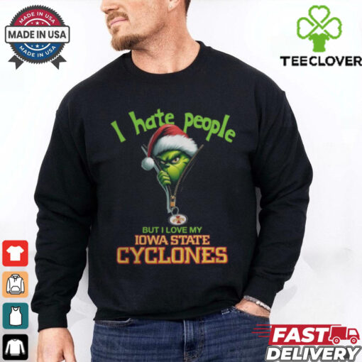 Grinch Santa Hat I Hate People But I Love My Iowa State Cyclones Christmas Logo Shirt