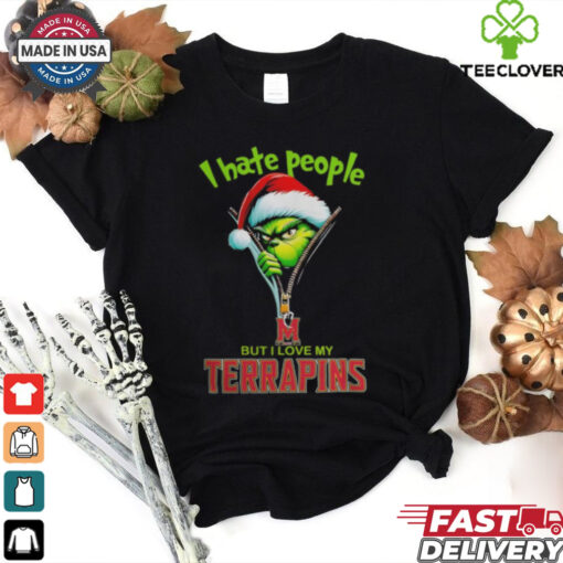 Grinch Santa Hat I Hate People But I Love My Maryland Terrapins Christmas Logo Shirt