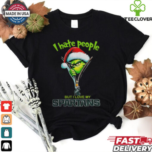 Grinch Santa Hat I Hate People But I Love My Michigan State Spartans Christmas Logo Shirt