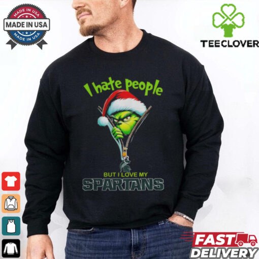 Grinch Santa Hat I Hate People But I Love My Michigan State Spartans Christmas Logo Shirt