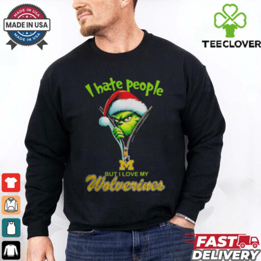 Grinch Santa Hat I Hate People But I Love My Michigan Wolverines Christmas Logo Shirt