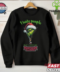 Grinch Santa Hat I Hate People But I Love My Northern Illinois Huskies Christmas Logo Shirt