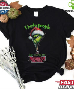 Grinch Santa Hat I Hate People But I Love My Northern Illinois Huskies Christmas Logo Shirt