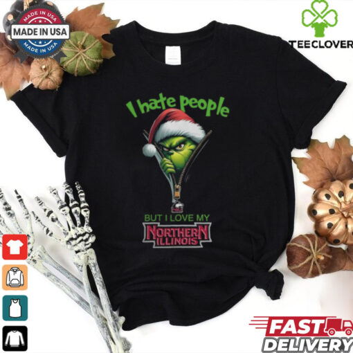 Grinch Santa Hat I Hate People But I Love My Northern Illinois Huskies Christmas Logo Shirt