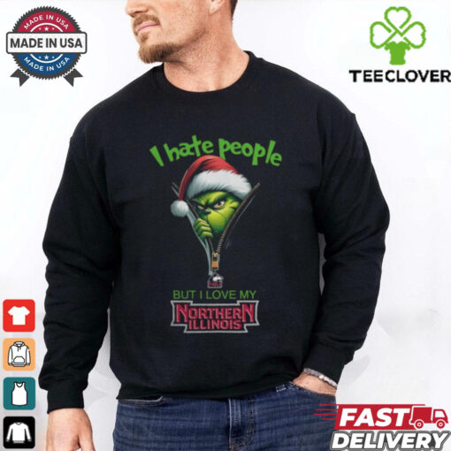 Grinch Santa Hat I Hate People But I Love My Northern Illinois Huskies Christmas Logo Shirt