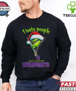 Grinch Santa Hat I Hate People But I Love My Northwestern Wildcats Christmas Logo Shirt