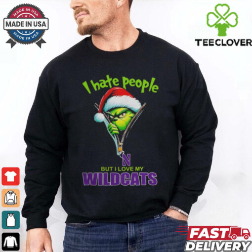 Grinch Santa Hat I Hate People But I Love My Northwestern Wildcats Christmas Logo Shirt