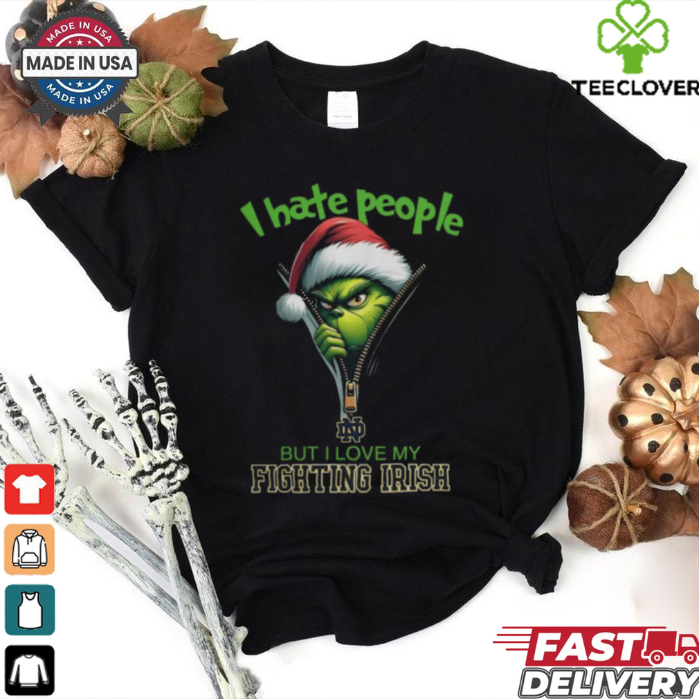Grinch Santa Hat I Hate People But I Love My Notre Dame Fighting Irish Christmas Logo Shirt Grinch Santa Hat I Hate People But I Love My Notre Dame Fighting Irish Christmas Logo Shirt