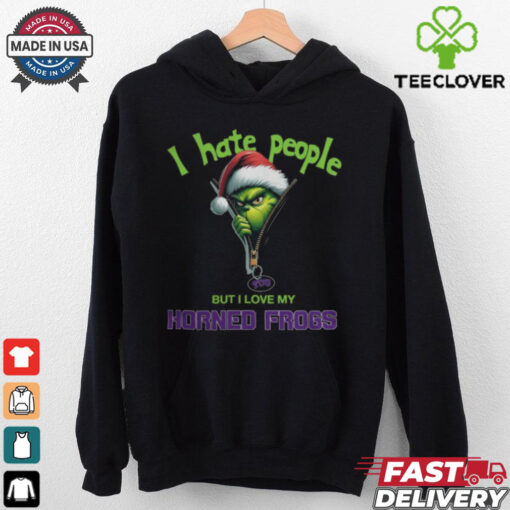Grinch Santa Hat I Hate People But I Love My TCU Horned Frogs Christmas Logo Shirt