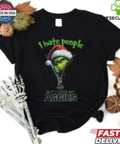Grinch Santa Hat I Hate People But I Love My Utah State Aggies Christmas Logo Shirt