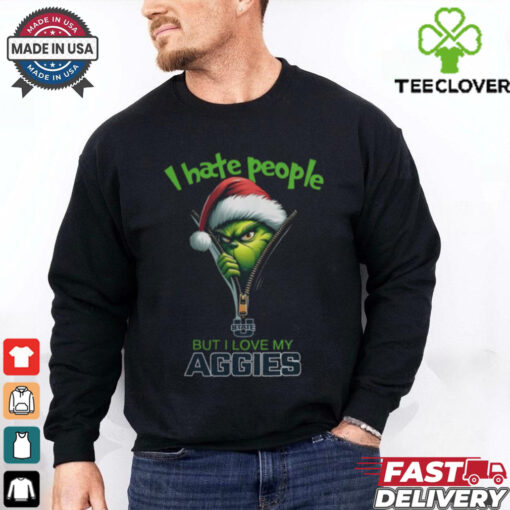 Grinch Santa Hat I Hate People But I Love My Utah State Aggies Christmas Logo Shirt