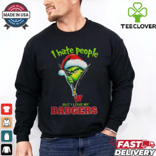Grinch Santa Hat I Hate People But I Love My Wisconsin Badgers Christmas Logo Shirt
