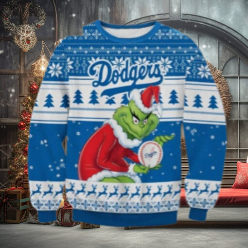 Grinch Santa Holding Dodgers Baseball Ugly Sweater
