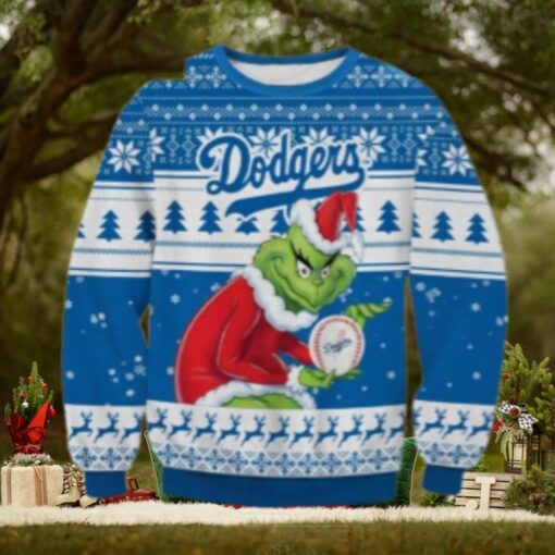 Grinch Santa Holding Dodgers Baseball Ugly Sweater