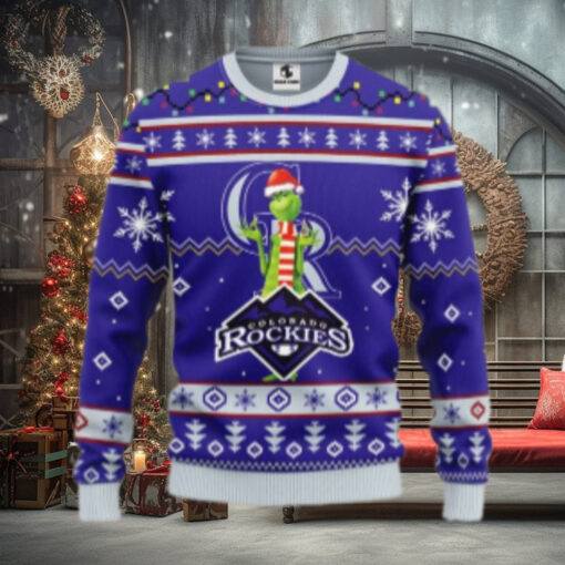 Grinch With Scarf Colorado Rockies Ugly Sweater Snowflake Design
