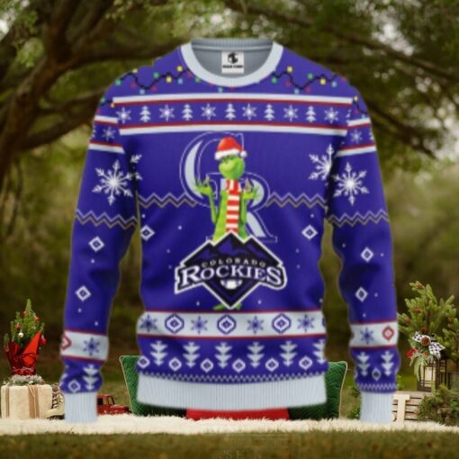 Grinch With Scarf Colorado Rockies Ugly Sweater Snowflake Design