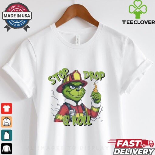 Grinch fireman stop drop and roll Merry Christmas shirt