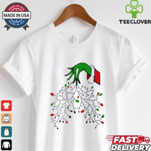 Grinch hand hold dry tree lights Christmas shirt