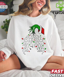 Grinch hand hold dry tree lights Christmas shirt