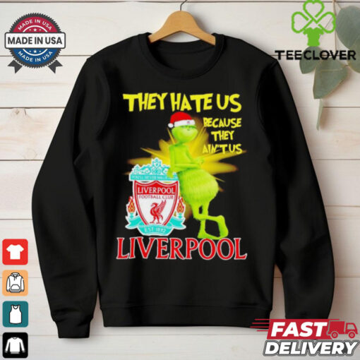 Grinch stands lean on Liverpool FC they hate us because in’t us Christmas hoodie, sweater, longsleeve, shirt v-neck, t-shirt