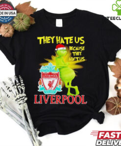 Grinch stands lean on Liverpool FC they hate us because in’t us Christmas shirt