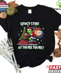 Grinch Stole My Double Double Tim Horton Christmas Shirt humorous holiday design with Grinch and coffee reference