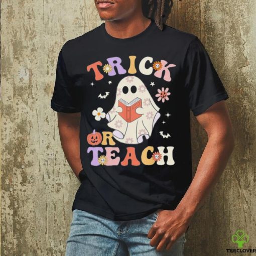 Groovy Teacher Halloween Trick Or Teach Retro Floral Ghost T Shirt