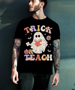 Groovy Teacher Halloween Trick Or Teach Retro Floral Ghost T Shirt