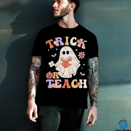 Groovy Teacher Halloween Trick Or Teach Retro Floral Ghost T Shirt