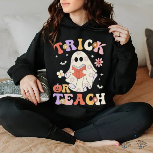 Groovy Teacher Halloween Trick Or Teach Retro Floral Ghost T Shirt