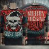 Guns N Roses Iconic Skull With GNR Santa Hat With Snowflake Pattern Knitted Black And Blue Ugly Christmas Sweater