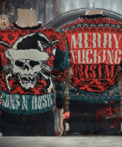 Guns N Roses Big Skull With Santa Hat Signature Logo Merry Fucking Christmas Ugly Christmas Sweater
