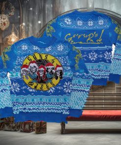 Guns N Roses Iconic Skull Images Band Wearing Santa Hats Blue Knitted Ugly Christmas Sweater