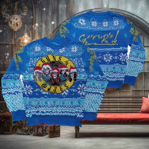 Guns N Roses Iconic Skull Images Band Wearing Santa Hats Blue Knitted Ugly Christmas Sweater