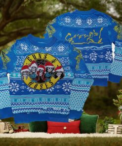 Guns N Roses Iconic Skull Images Band Wearing Santa Hats Blue Knitted Ugly Christmas Sweater