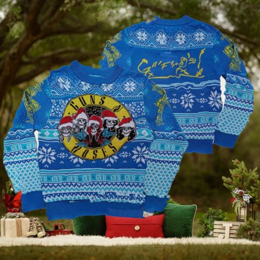 Guns N Roses Iconic Skull Images Band Wearing Santa Hats Blue Knitted Ugly Christmas Sweater