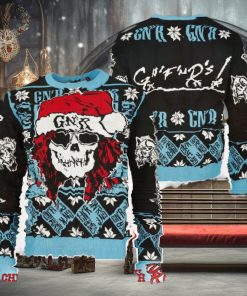 Guns N Roses Iconic Skull With GNR Santa Hat With Snowflake Pattern Knitted Black And Blue Ugly Christmas Sweater