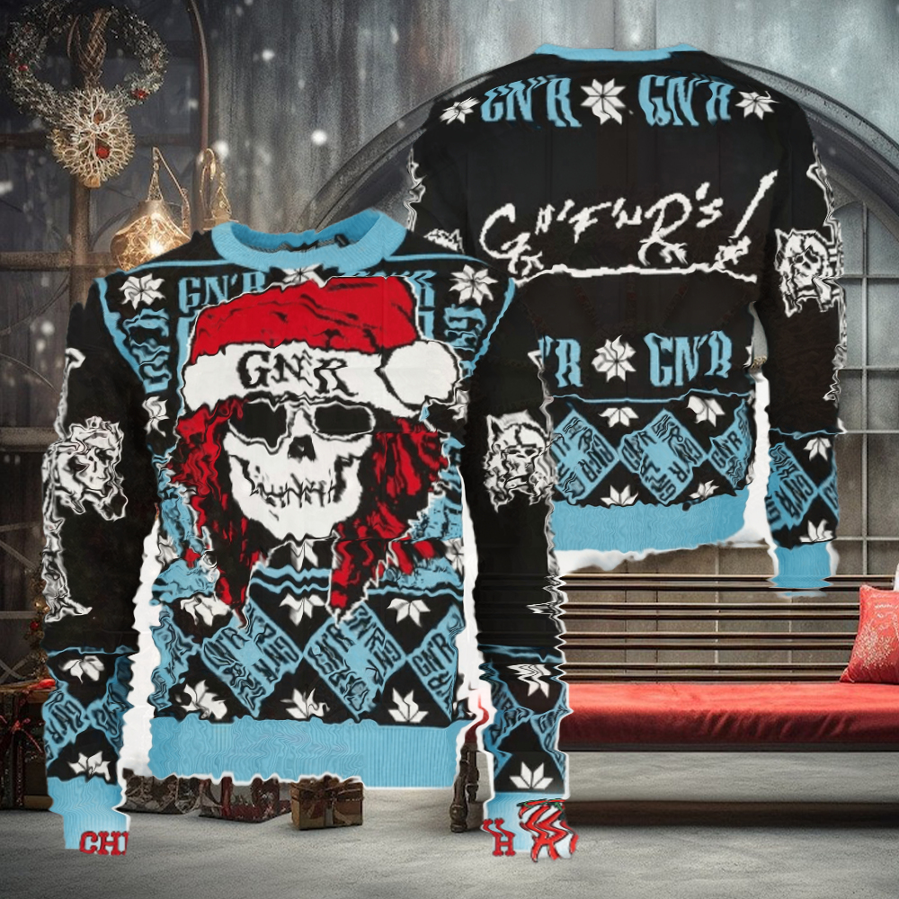Guns N Roses Iconic Skull With GNR Santa Hat With Snowflake Pattern Knitted Black And Blue Ugly Christmas Sweater Guns N Roses Iconic Skull With GNR Santa Hat With Snowflake Pattern Knitted Black And Blue Ugly Christmas Sweater