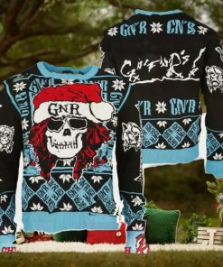 Guns N Roses Iconic Skull With GNR Santa Hat With Snowflake Pattern Knitted Black And Blue Ugly Christmas Sweater
