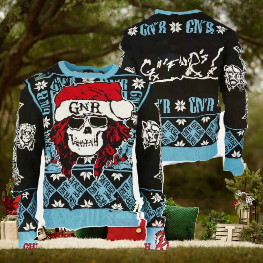 Guns N Roses Iconic Skull With GNR Santa Hat With Snowflake Pattern Knitted Black And Blue Ugly Christmas Sweater Guns N Roses Iconic Skull With GNR Santa Hat With Snowflake Pattern Knitted Black And Blue Ugly Christmas Sweater